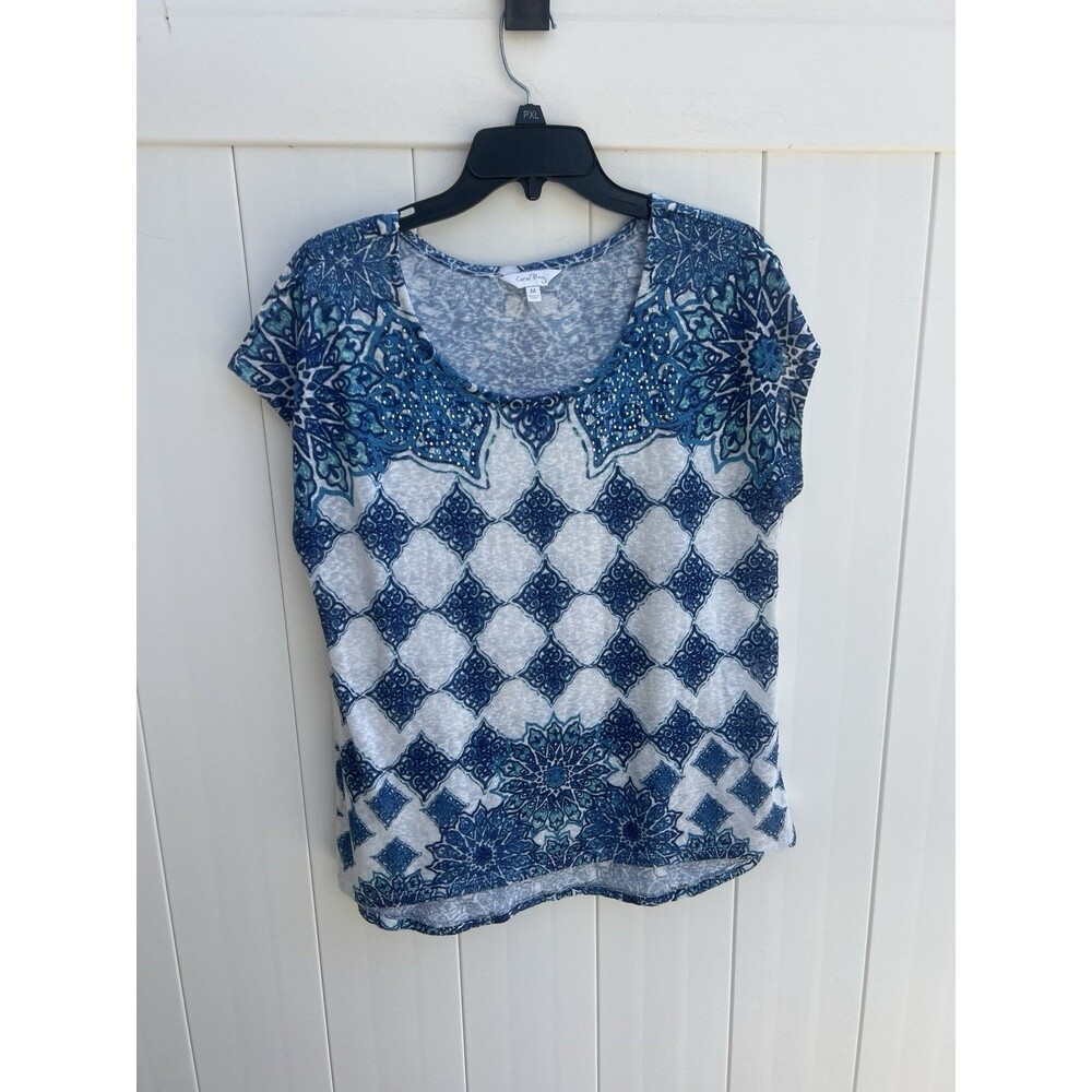 Coral Bay Shirt Women Medium Short Sleeve Top Boho Geometric Blue
